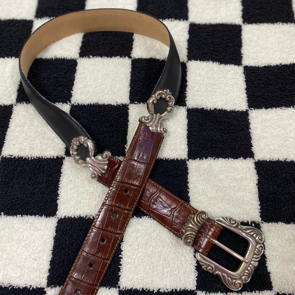 Brighton Black and Brown Leather Belt with Silver Buckle | Size Medium | Vintage